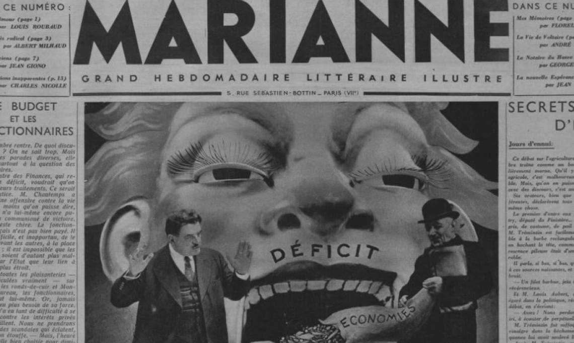 « LE NOUVEAU GARGANTUA » devant MM. Martin et Herriot, Marianne, 1935 – source : RetroNews-BnF
