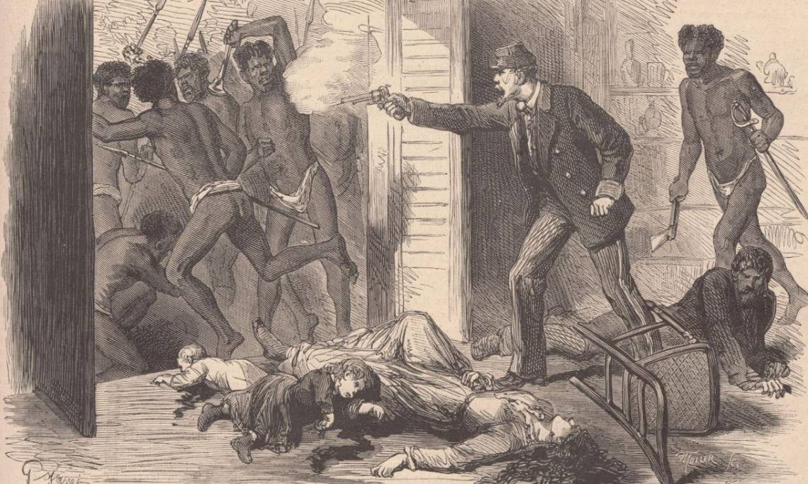 « Belle défense du commandant Leca après le massacre de sa femme et de ses deux enfants », dessin paru dans Le Monde illustré, 1878 - source : RetroNews-BnF