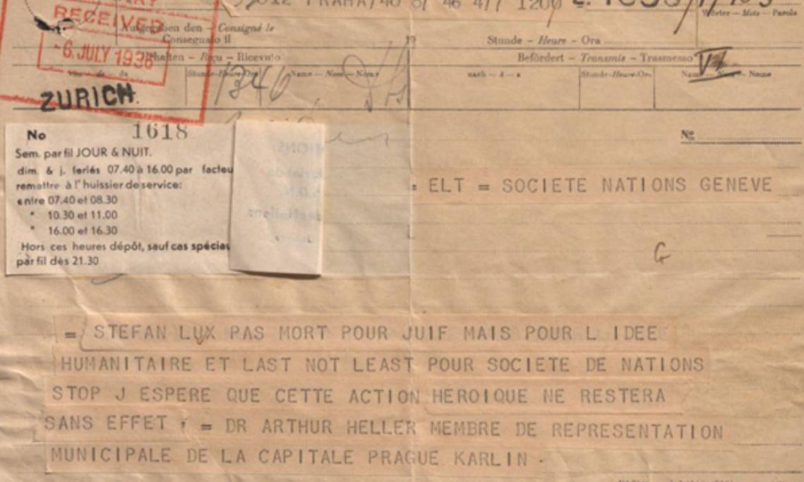 Exemplaire du télégramme envoyé par Stephan Lux à la SDN, 1936 - source : UN Archives Geneva Blog