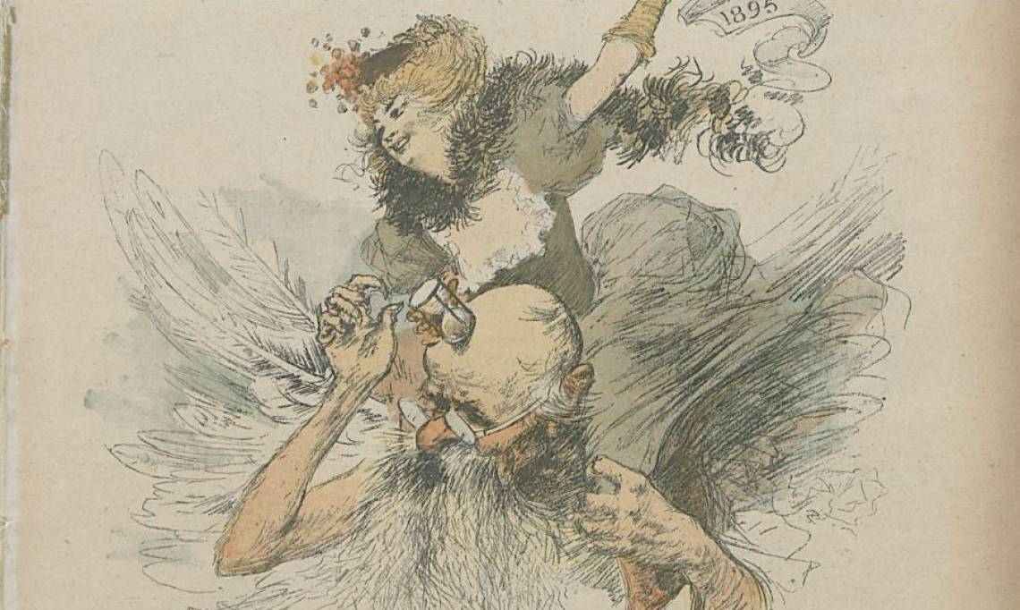 « - Rions ! Et moquons-nous de ce vieil oiseau grincheux », Charles Léandre dans Le Rire, 1895 – source : RetroNews-BnF