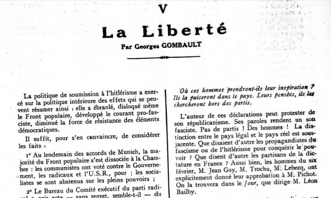 « La Liberté », extrait de la colonne « Libres opinions » des Cahiers des droits de l'Homme, 1938 - source : RetroNews-BnF