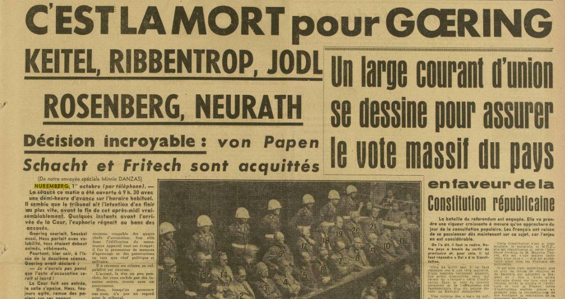 Une de Ce soir au lendemain du verdict du procès de Nuremberg, 1946 - source : RetroNews-BnF