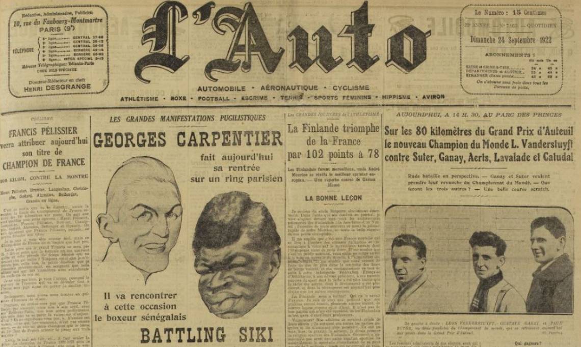 Une du célèbre journal des sports L'Auto, 1922 - source : RetroNews-BnF