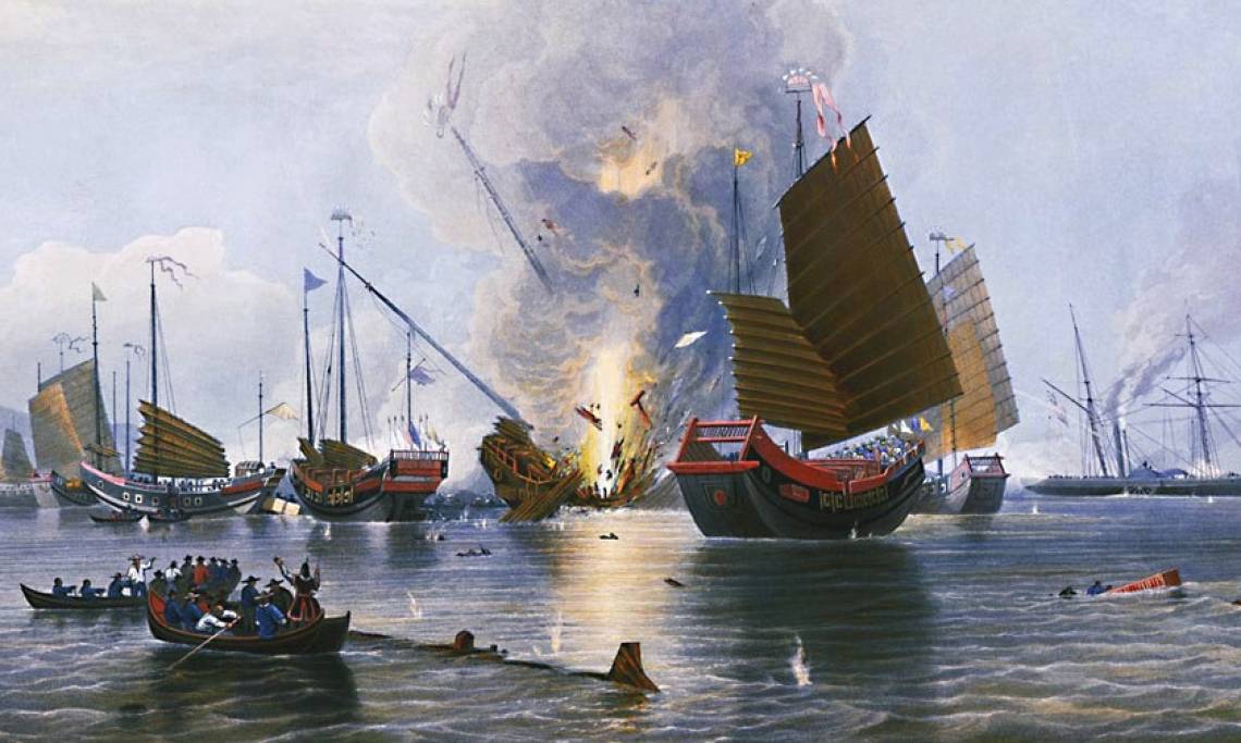 Le Nemesis, navire britannique, en train de détruire des jonques chinoises le 7 mai 1841, peinture d'Edward Duncan, 1843 - source : Gallica-BnF
