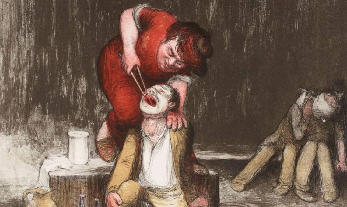« L'arracheuse de dents », estampe de Jean Veber, 1904 - source : Gallica-BnF
