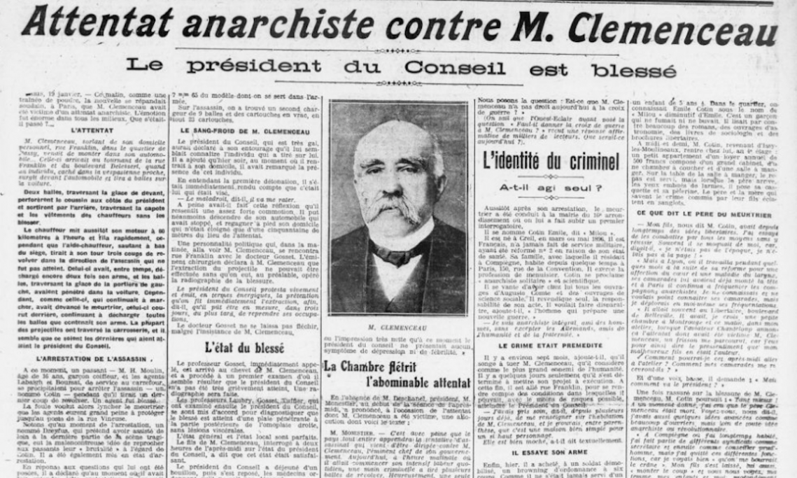 Une de L'Ouest-Éclair au lendemain de l'attentat de Georges Clemenceau, 20 février 1919 - source : RetroNews-BnF