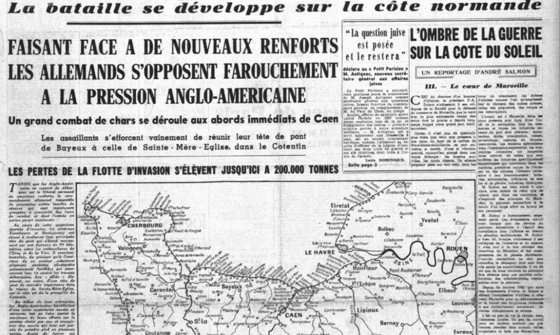 Une du Petit Parisien relatant « l'opposition farouche » de l'armée allemande en Normandie, 10 juin 1944 - source : RetroNews-BnF