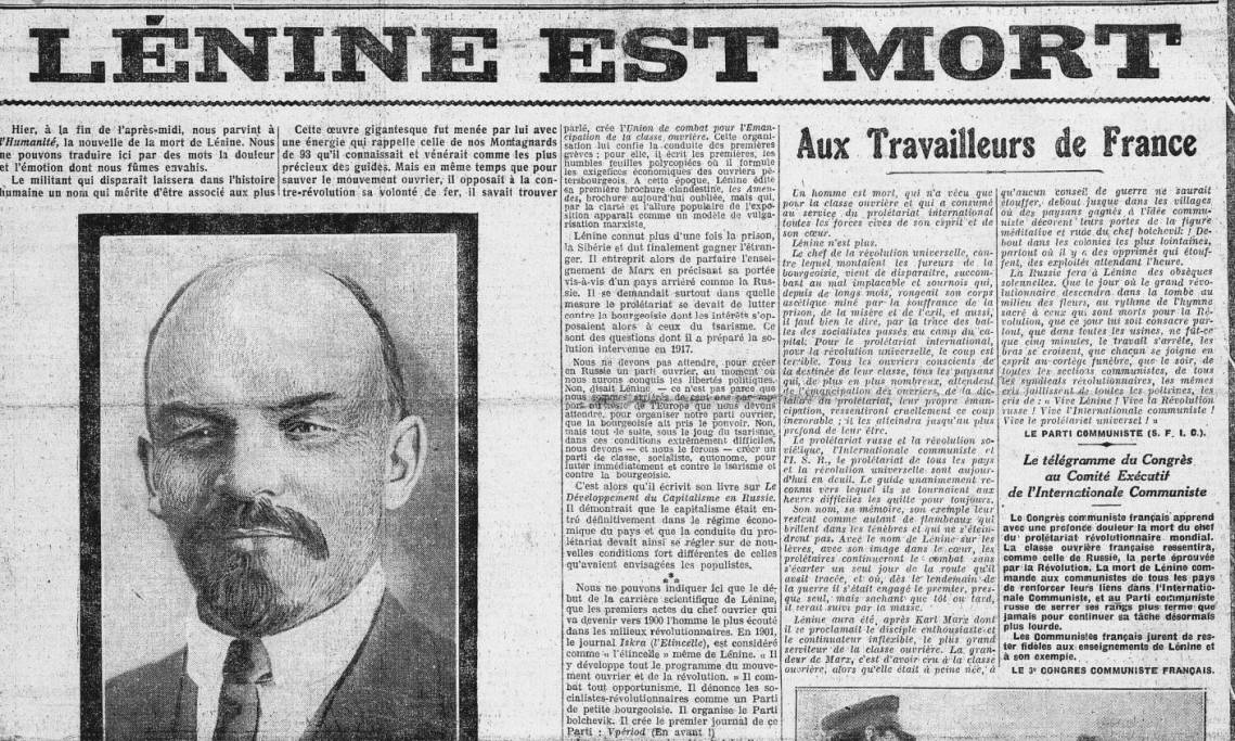 Une de L'Humanité du 23 janvier 1924, consacrée à la mort de Lénine - source : RetroNews-BnF