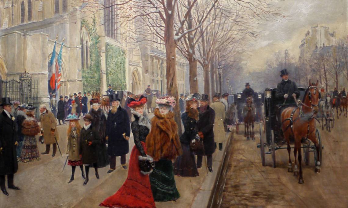 Après l’office à l’église américaine de la Sainte Trinité, tableau de Jean Béraud, circa 1900 – source : WikiCommons