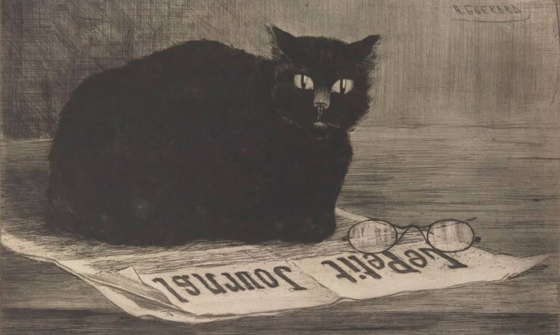 « Chat noir sur un journal », estampe d’Henri Guérard, 1887 - source : Gallica BnF