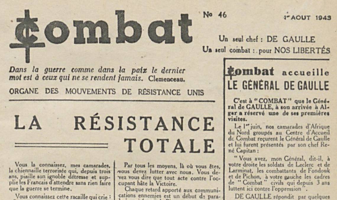 Une de Combat, 1 août 1943 – source : RetroNews-BnF