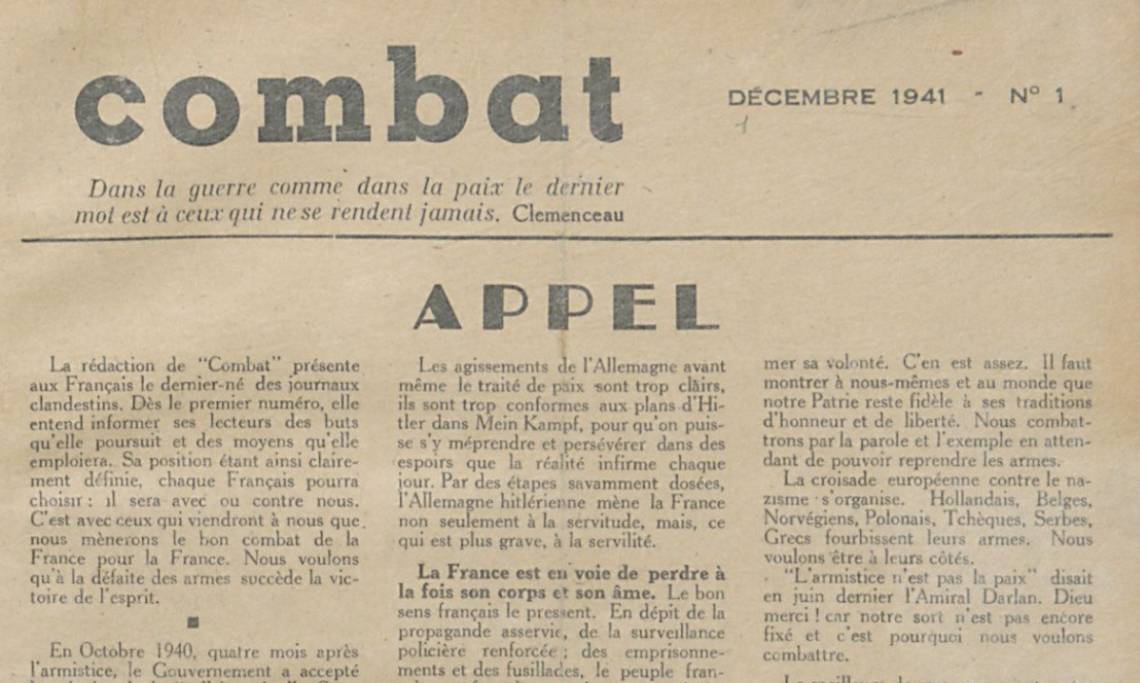 Une du premier numéro de « Combat », décembre 1941 - source : RetroNews BnF