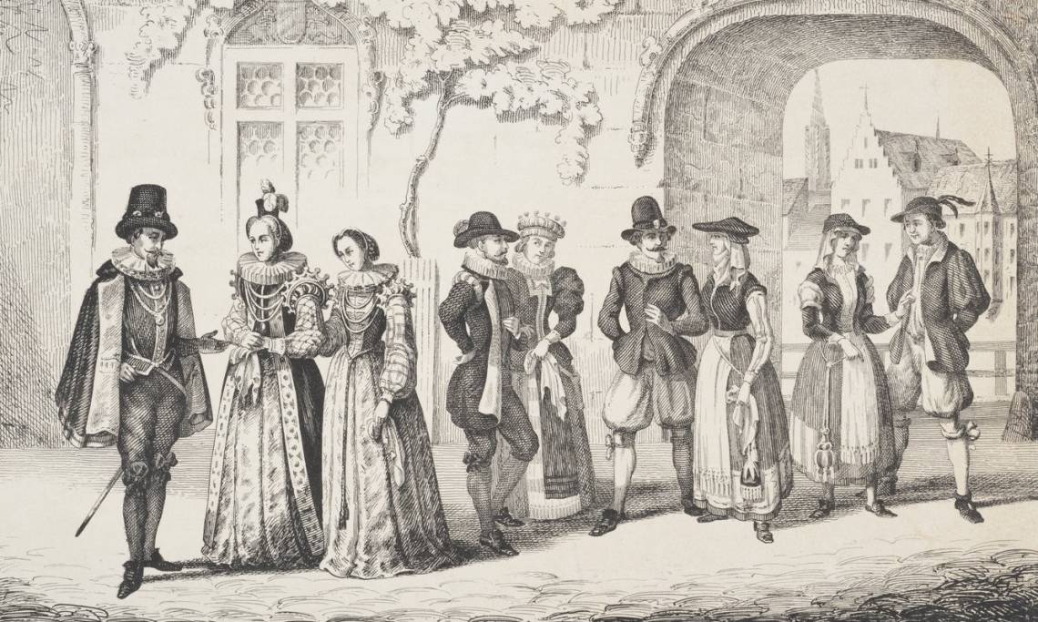 "Costumes du Moyen-Âge", gentilshommes et demoiselles du XVe siècle, lithographie d'Emile Lemaître, circa 1880 - source : BNU-Gallica