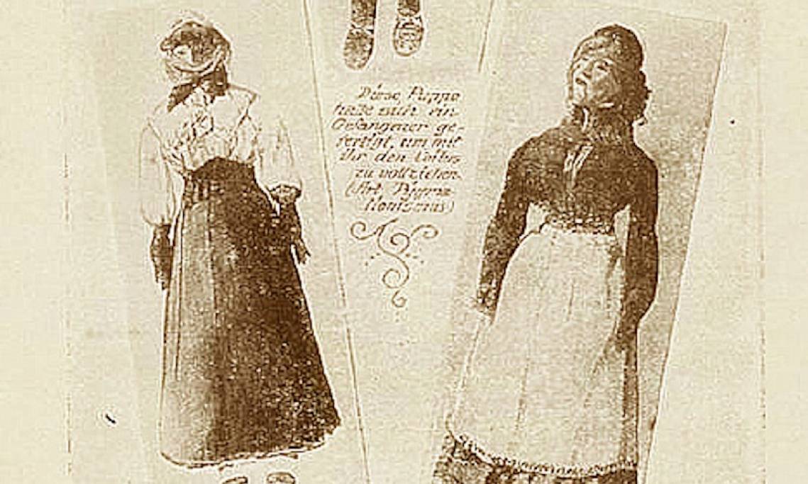 Illustration de face et de dos d'une poupée gonflable ou « dame de voyage », circa 1870 - source : WikiCommons