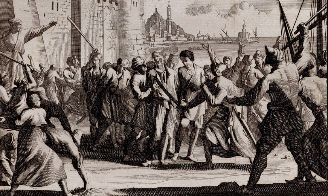 Débarquement et « maltraitement » de marins prisonniers des corsaires à Alger, estampe, 1706 - source : Amsterdams Historic Museum-WikiCommons