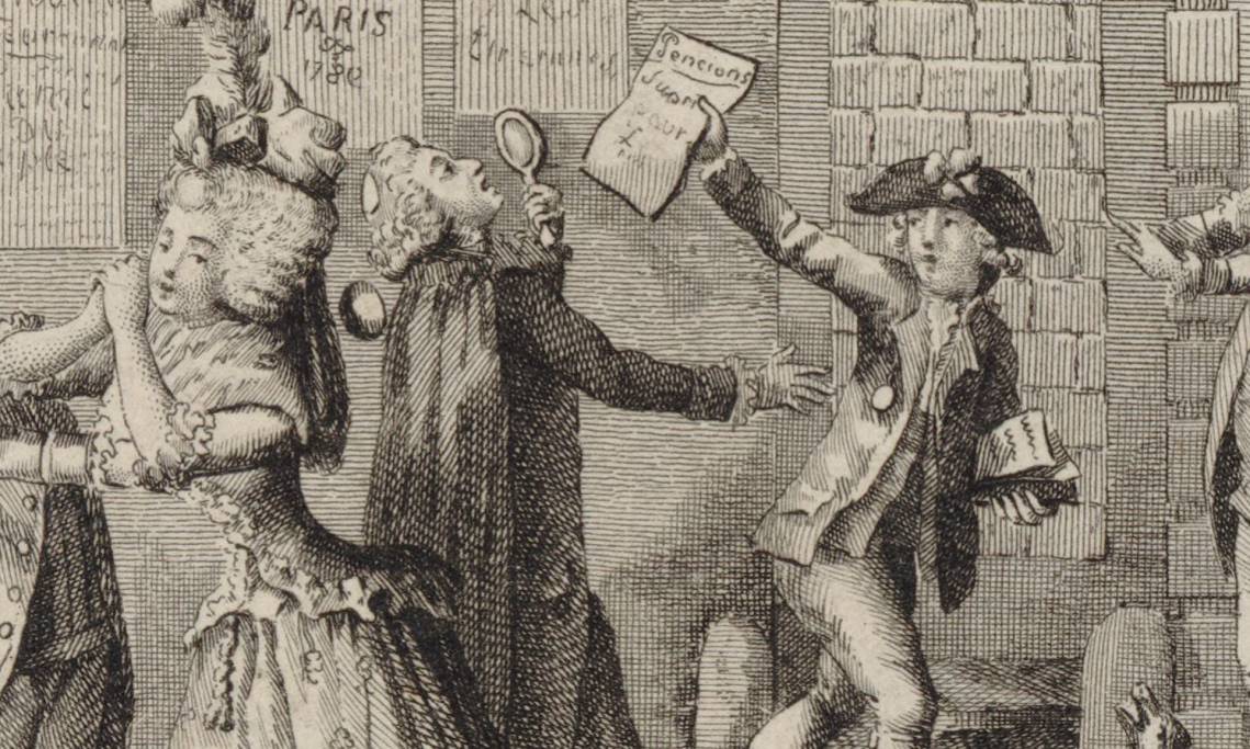 Vendeur de journaux appréhendant un noble au début de la Révolution française, estampe, 1790 - source : Gallica-BnF