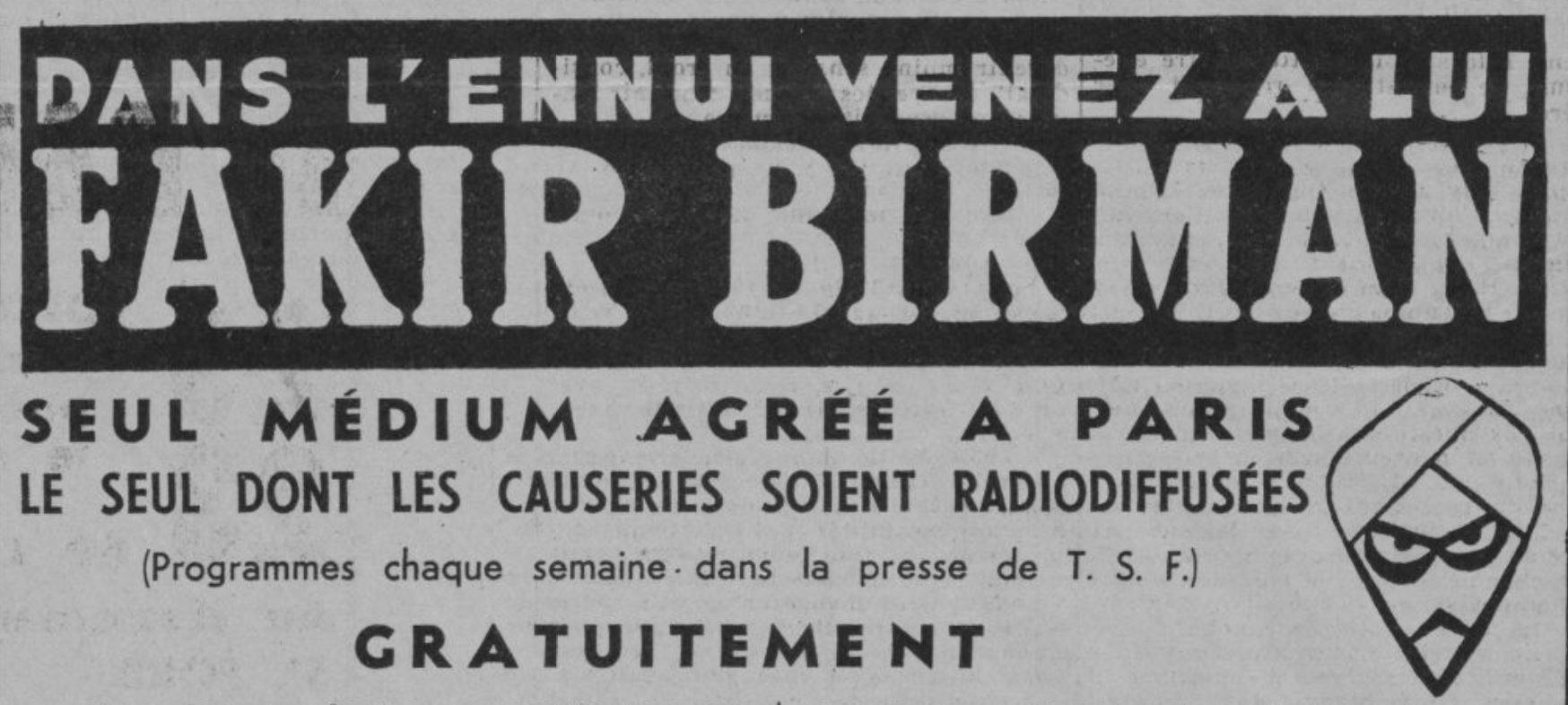Publicité pour le Fakir Birman parue dans Marianne, 6 février 1935 - source : RetroNews-BnF