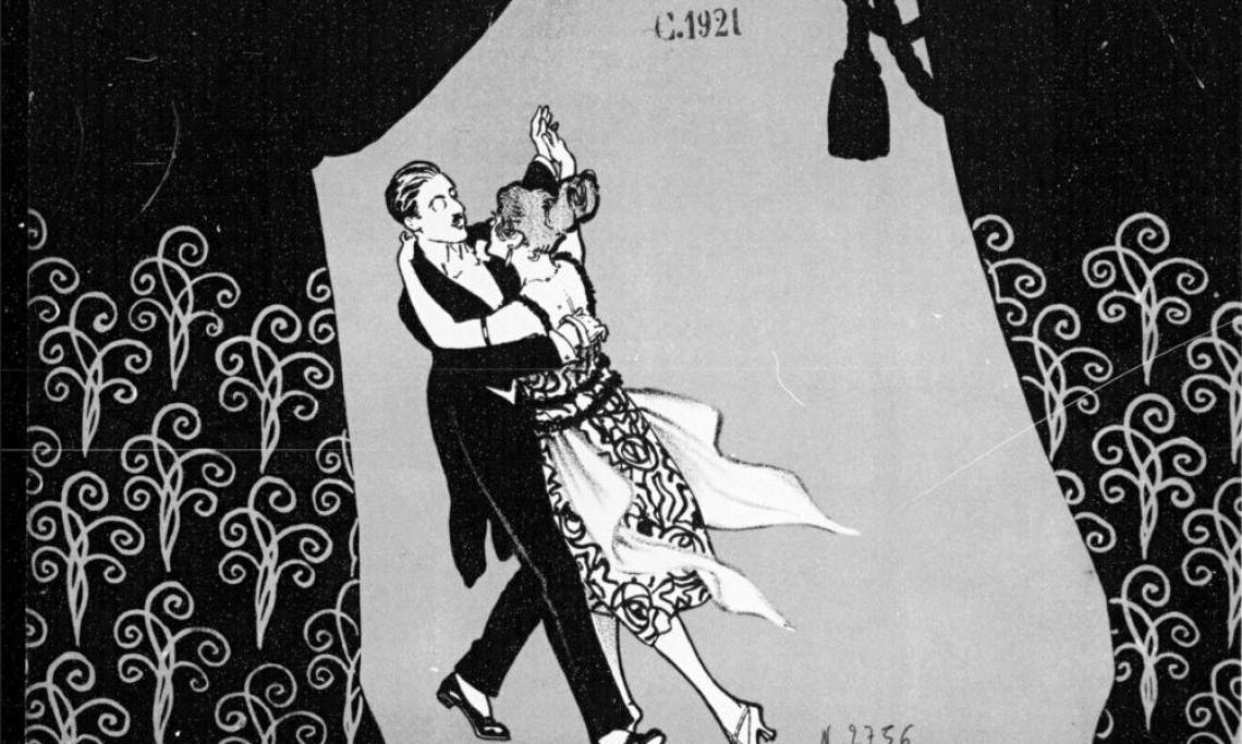 Homme et femme dansant le fox-trot, couverture du disque "Tà-tà fox-trot : piano seul par Alfredo Barbirolli", 1920 - source : Gallica-BnF