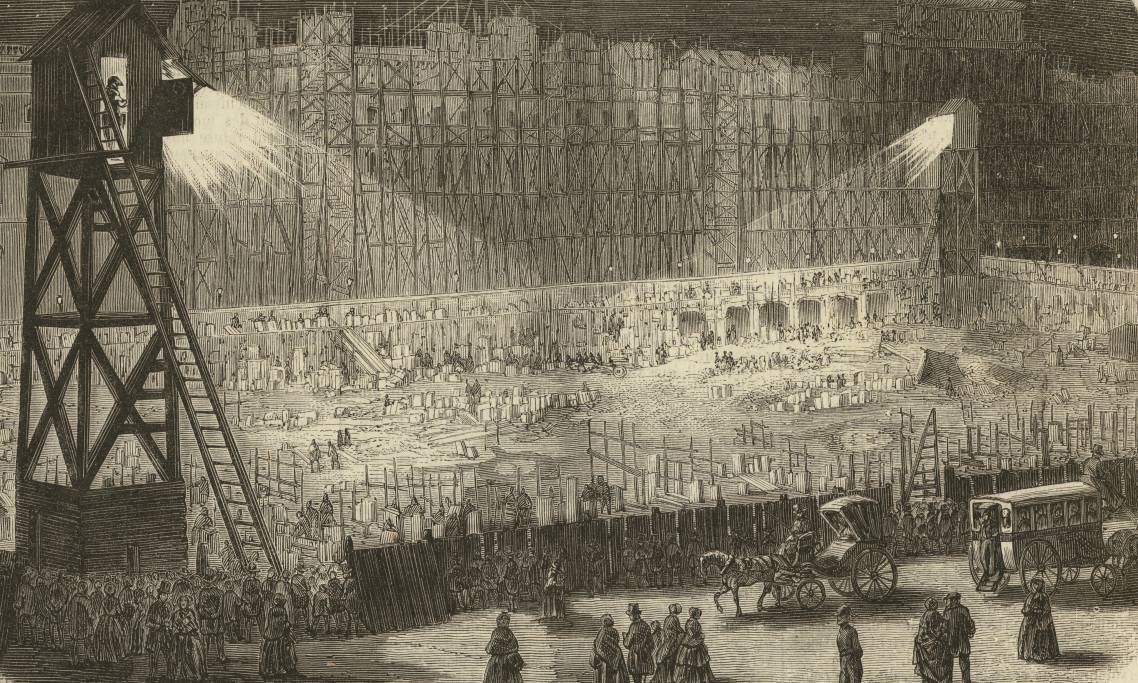 Travaux nocturnes des constructions de la rue de Rivoli, éclairés par la lumière électrique, 1854 - source WikiCommons