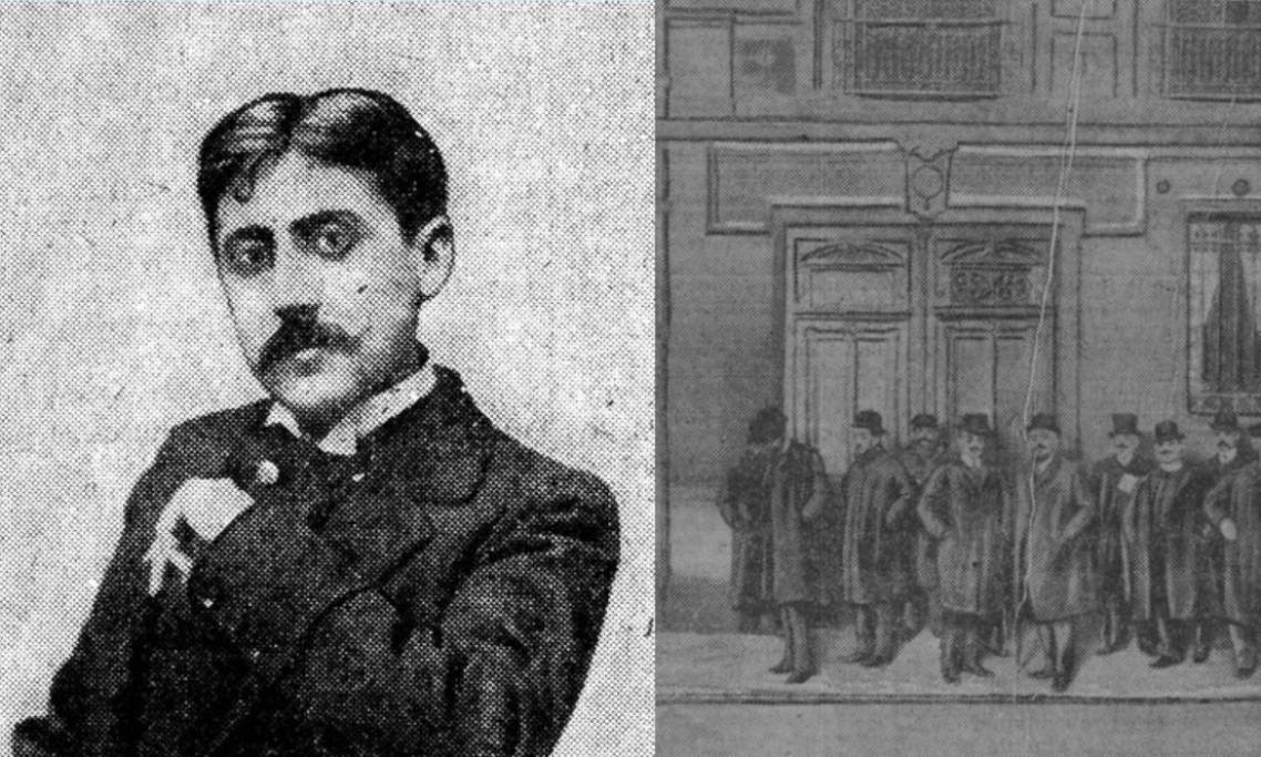 A gauche, Marcel Proust dans Le Figaro littéraire, 1922 ; à droite, reporters attroupés devant le lieu de l’assassinat, Le Journal, 1907 – source : RetroNews-BnF