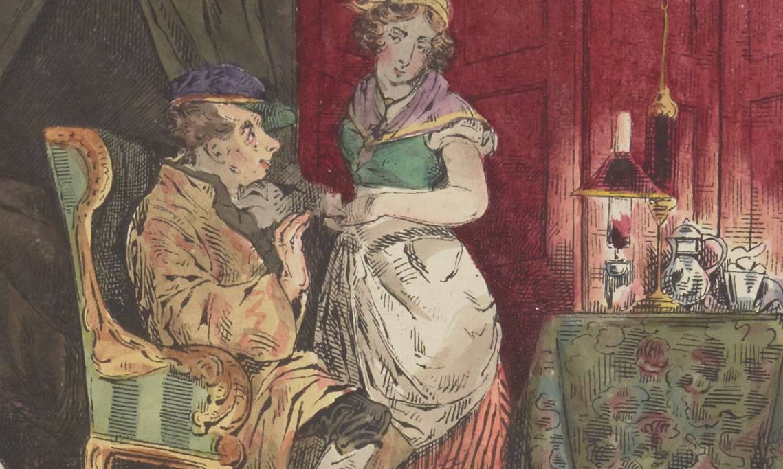 « Le vieux célibataire », estampe d'Henry Monnier, 1828 - source : Gallica-BnF