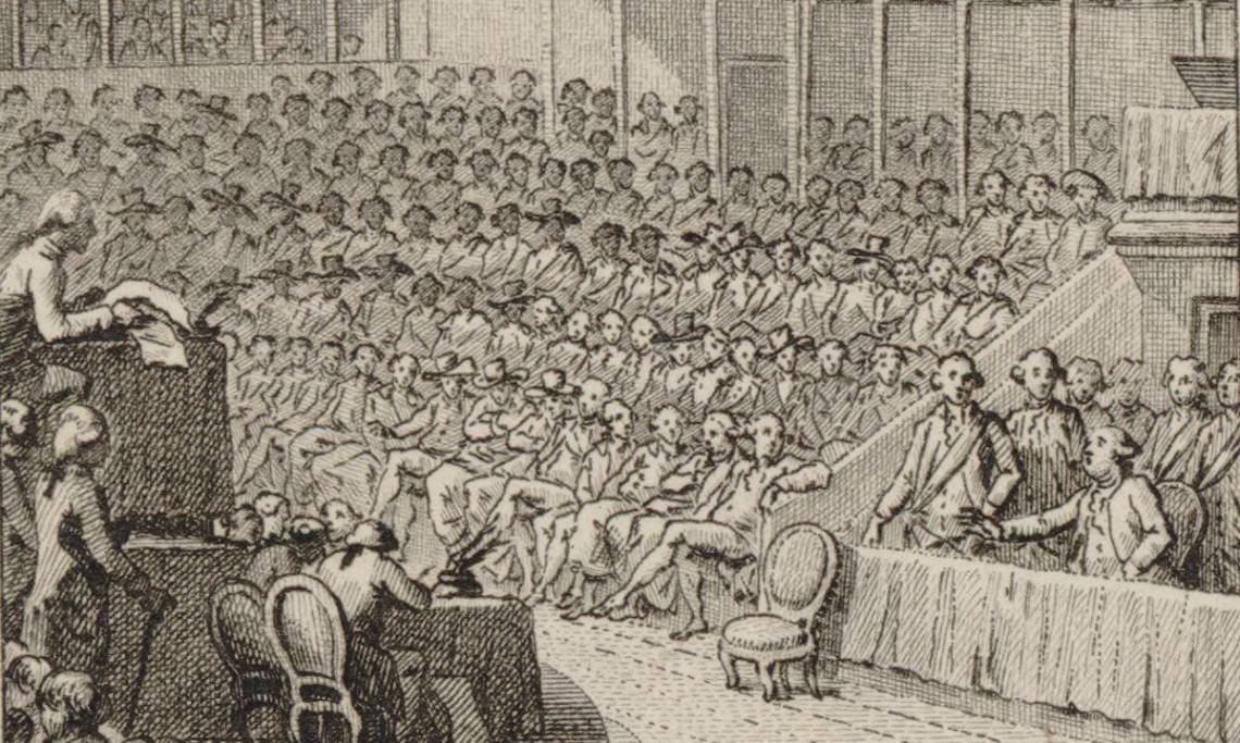 Procès de Louis XVI : le roi à la barre de la Convention le 11 décembre 1792, estampe de I.S. Helman - source : Gallica-BnF