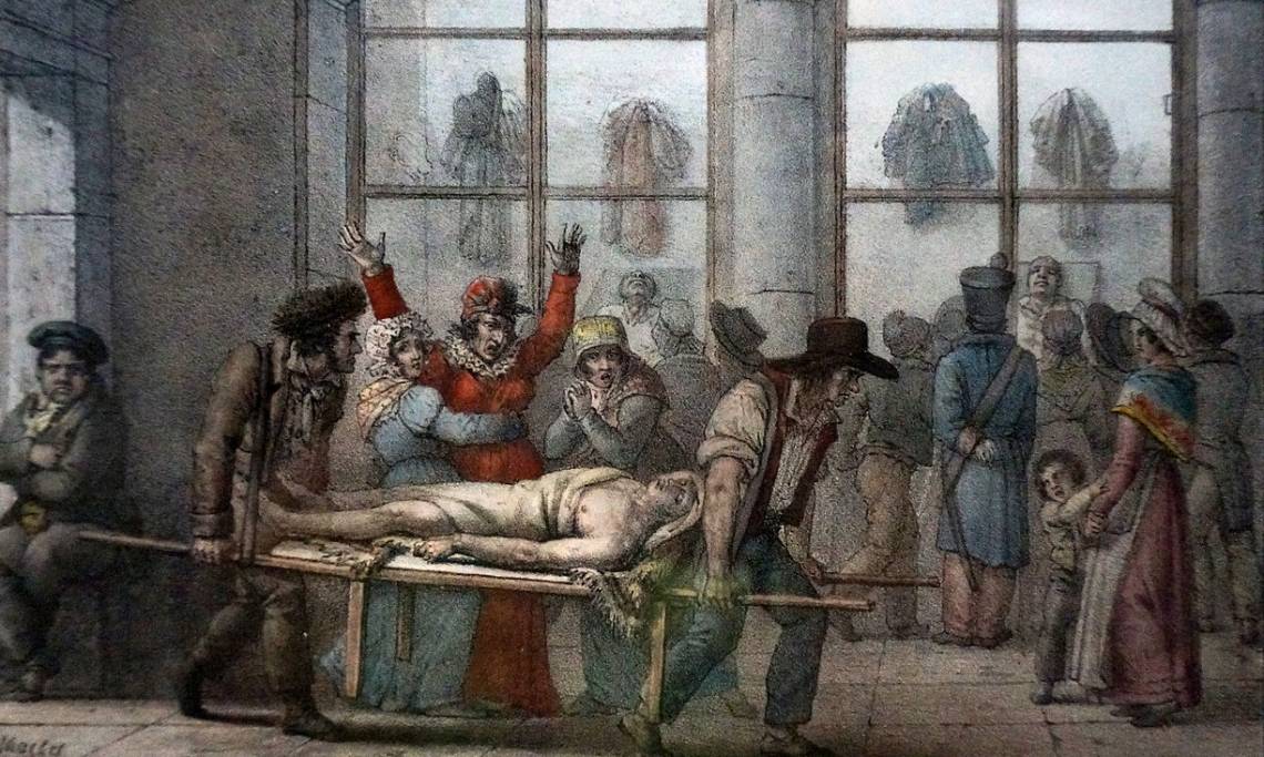 Jean Henry Marlet: La Morgue, extrait des Tableaux de Paris, Musée de la Préfecture de Police, Paris - source : WikiCommons