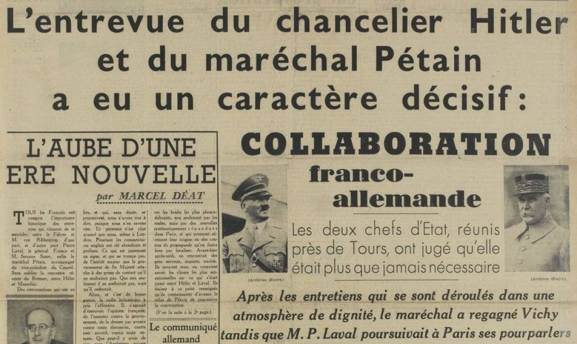 Une du journal collaborationniste L’Œuvre ventant les mérites de la rencontre entre Pétain et Hitler, 1940 - source : RetroNews-BnF