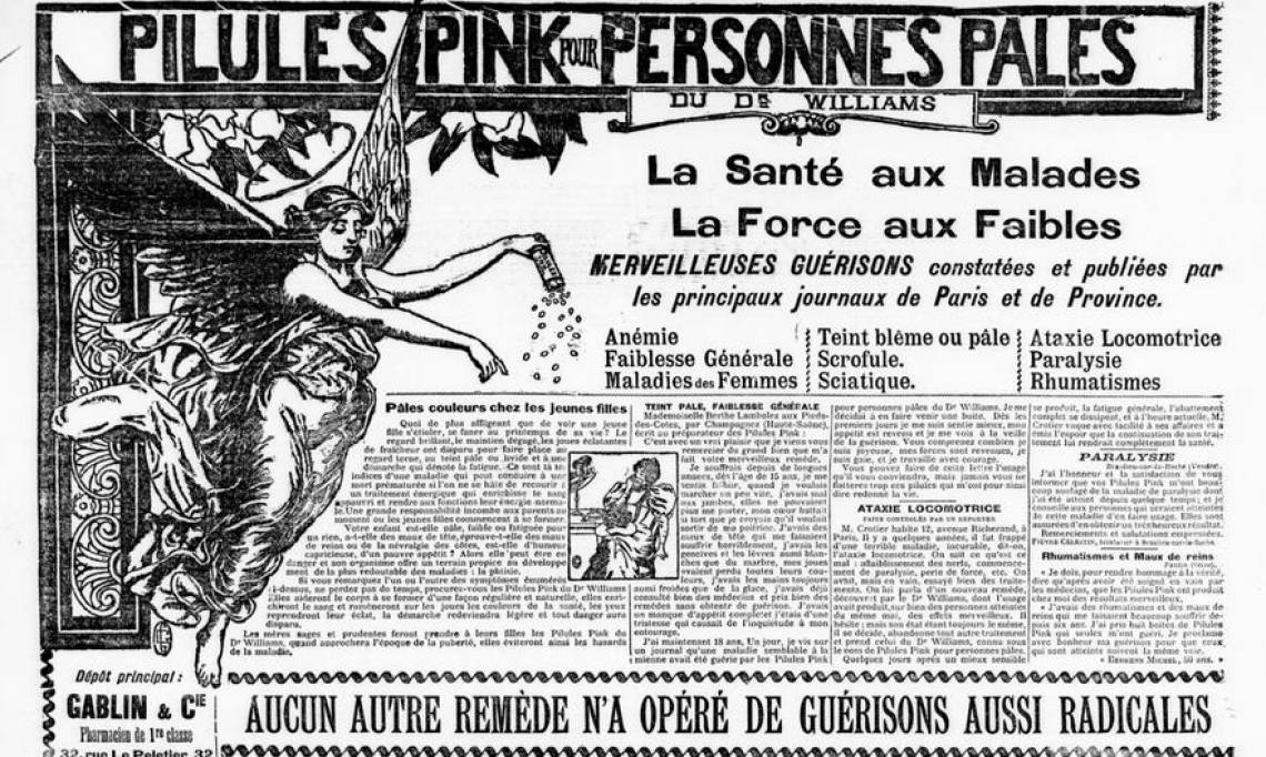 « La santé aux malades, la force aux faibles », publicité en faveur des pilules Pink, Le Petit Provençal, 1896 – source : RetroNews-BnF