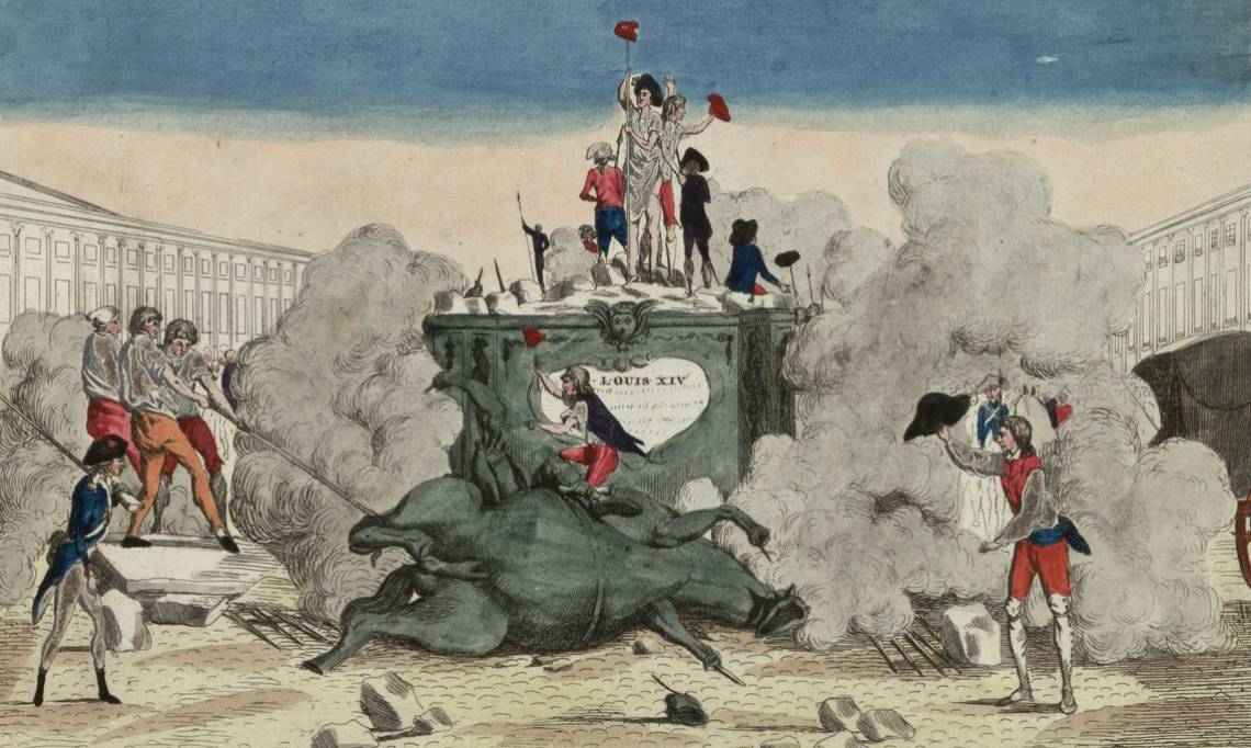 Place Vendôme : « le plus grand des despotes, renversé par la liberté », estampe, auteur inconnu, 1792 - source : Gallica-BnF