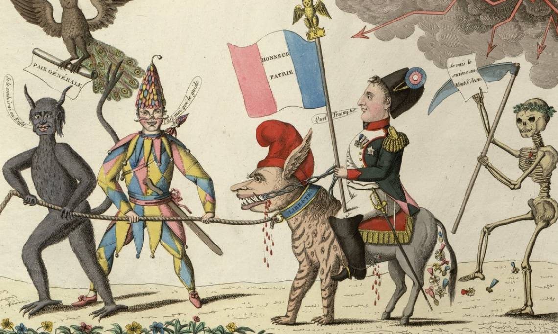 « Retour de l'île d'Elbe, il ramène la Liberté », Napoléon moqué sur une estampe, collection Vinck, 1815 - source : Gallica-BnF