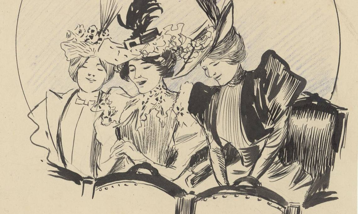Spectatrices d'une scène de théâtre, dessin de Maurice Lourdey, circa 1900 - source : Gallica-BnF
