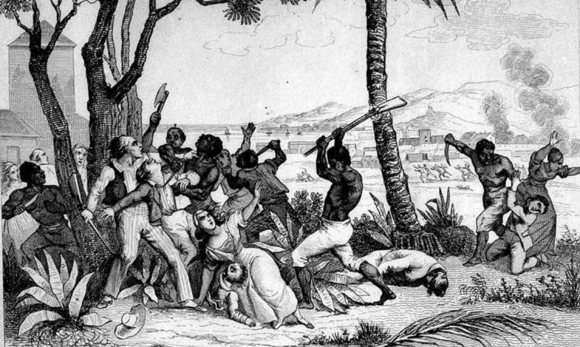 « Incendie de la plaine du Cap, massacre de Blancs par les Noirs », illustration d'une révolte à Saint-Domingue, circa 1810 - source : WikiCommons