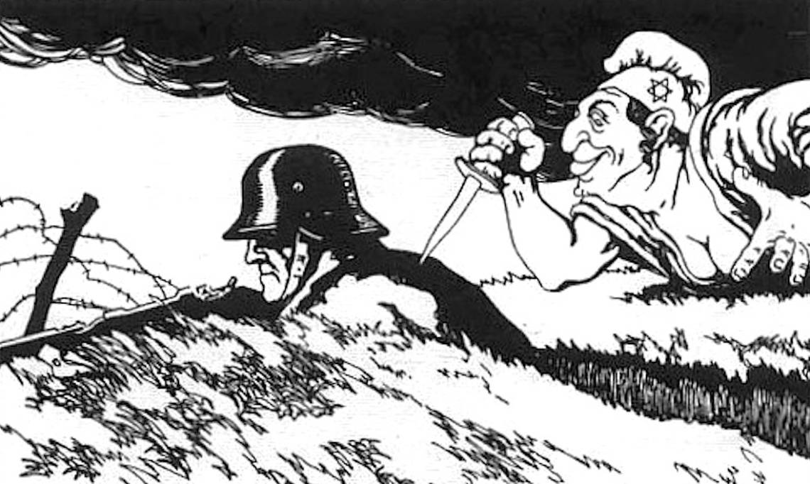 Carte postale autrichienne antisémite illustrant le concept du Dolchstoßlegende ou « coup de poignard dans le dos », 1919 - source : history.ucsb.edu-Domaine Public