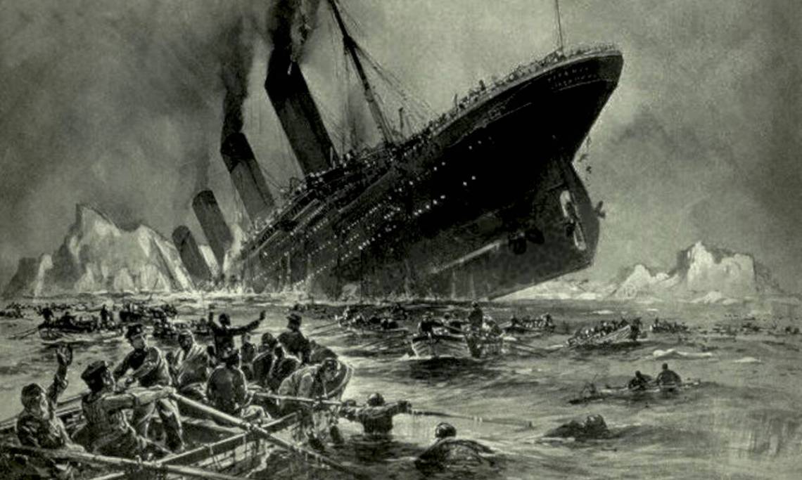 Le Titanic s'enfonçant dans l'océan, illustration de Willy Stöwer parue dans Die Gartenlaube, 1912 - source : WikiCommons