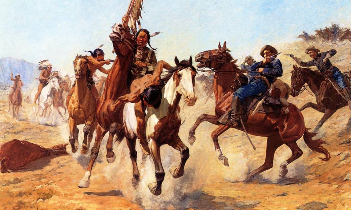 The Silenced War Whoop, peinture de Charles Schreyvogel mettant en scène une bataille entre Amérindiens et soldats américains, 1908 - source : WikiCommons