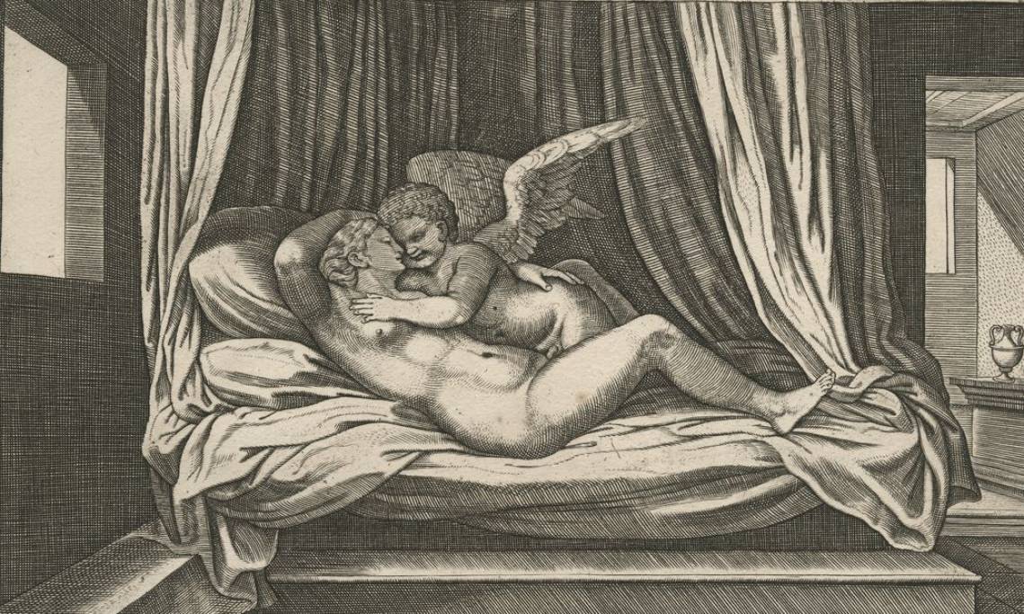 " L'Amour dans les bras de Psyché", gravure de Bernardo Daddi, XVIe siècle - source : Gallica-Numelyo