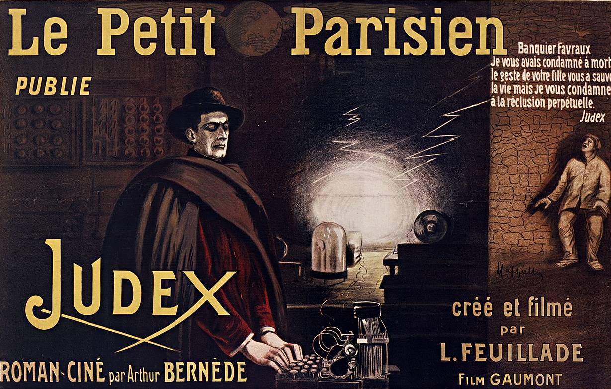 Affiche de Judex par Leonetto Cappiello (1916) mettant en parallèle le feuilleton (« ciné roman ») publié dans Le Petit Parisien - source : WikiCommons
