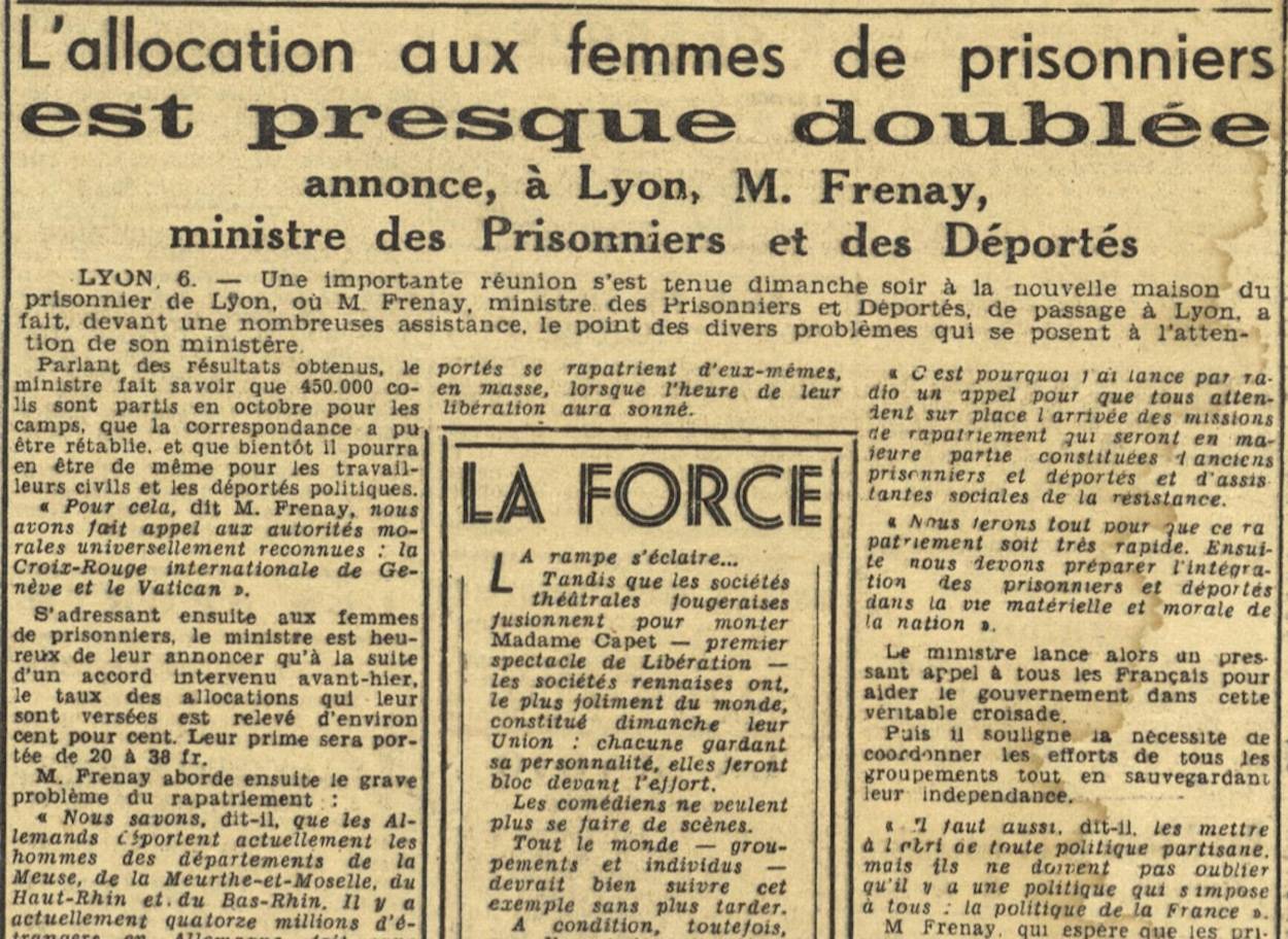 Allocution du ministre des Prisonniers, Déportés et Rapatriés Henri Fresnay, Ouest-France, 7 novembre 1944 - source : Ouest-France