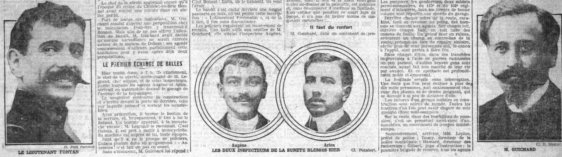 De gauche à droite : le Lieutenant Fontan, les inspecteurs de la sûreté Augène et Arlon, blessés pendant l'assaut, et M. Guichard. Le Petit Parisien, 29 avril 1912 - source : RetroNews-BnF
