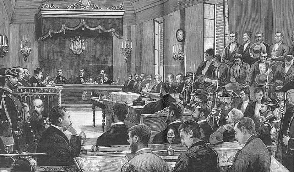Audience durant le procès d'El Blanco de Benaocaz, supposé membre de la Mano Negra, 1883 - source : WikiCommons