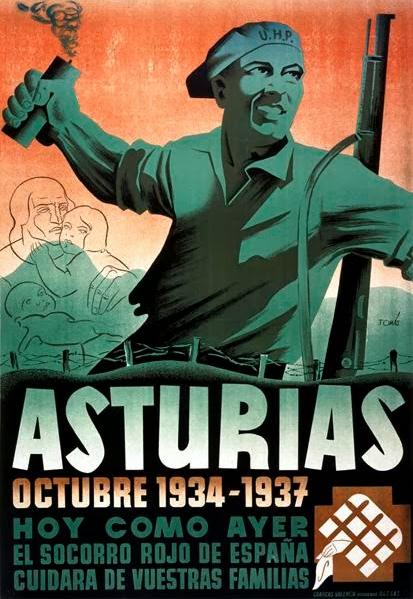 Affiche républicaine placardée pendant la Guerre d'Espagne et rappelant les grèves des mineurs des Asturies, 1938 - source : Domaine Public