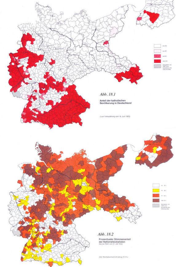 Cartes de la présence de l'Église catholique en Allemagne (haut) et du vote pour le parti nazi en 1933 dans le pays (bas) - source : WikiCommons