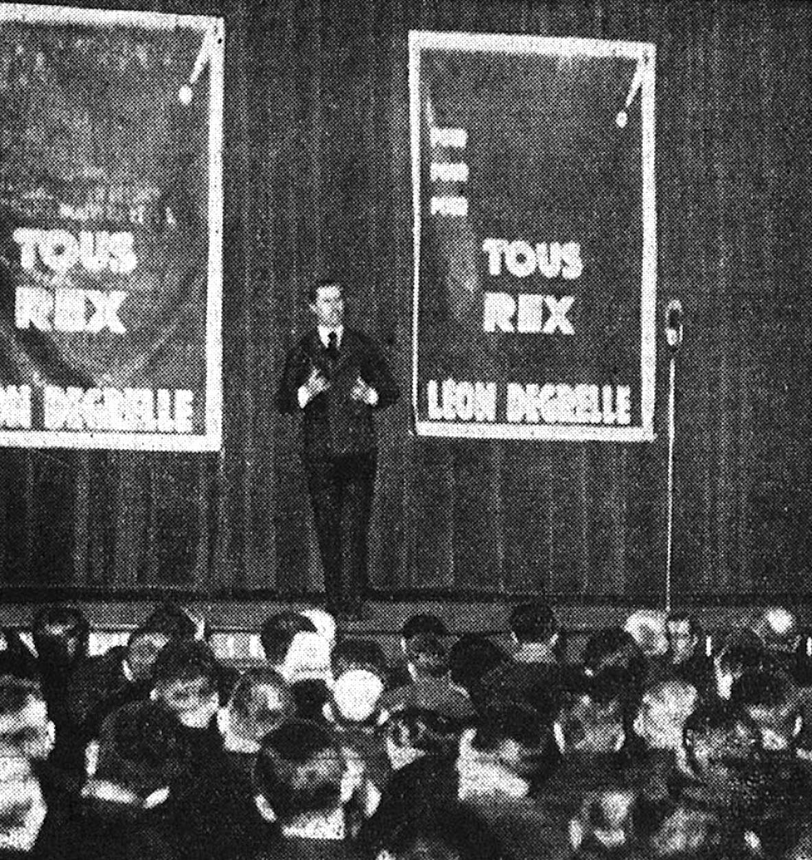 Léon Degrelle en tribun lors d’une conférence du parti rexiste, L’Intransigeant, mars 1936 - source : RetroNews-BnF