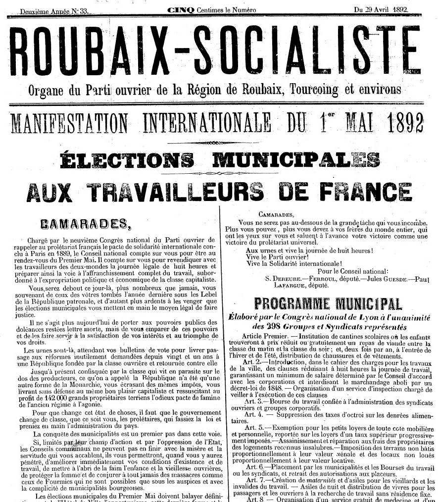 Une du Roubaix Socialiste, organe de presse du Parti Ouvrier de France, et édité notamment par Jules Guesde, 1892 - source : Gallica-BnF