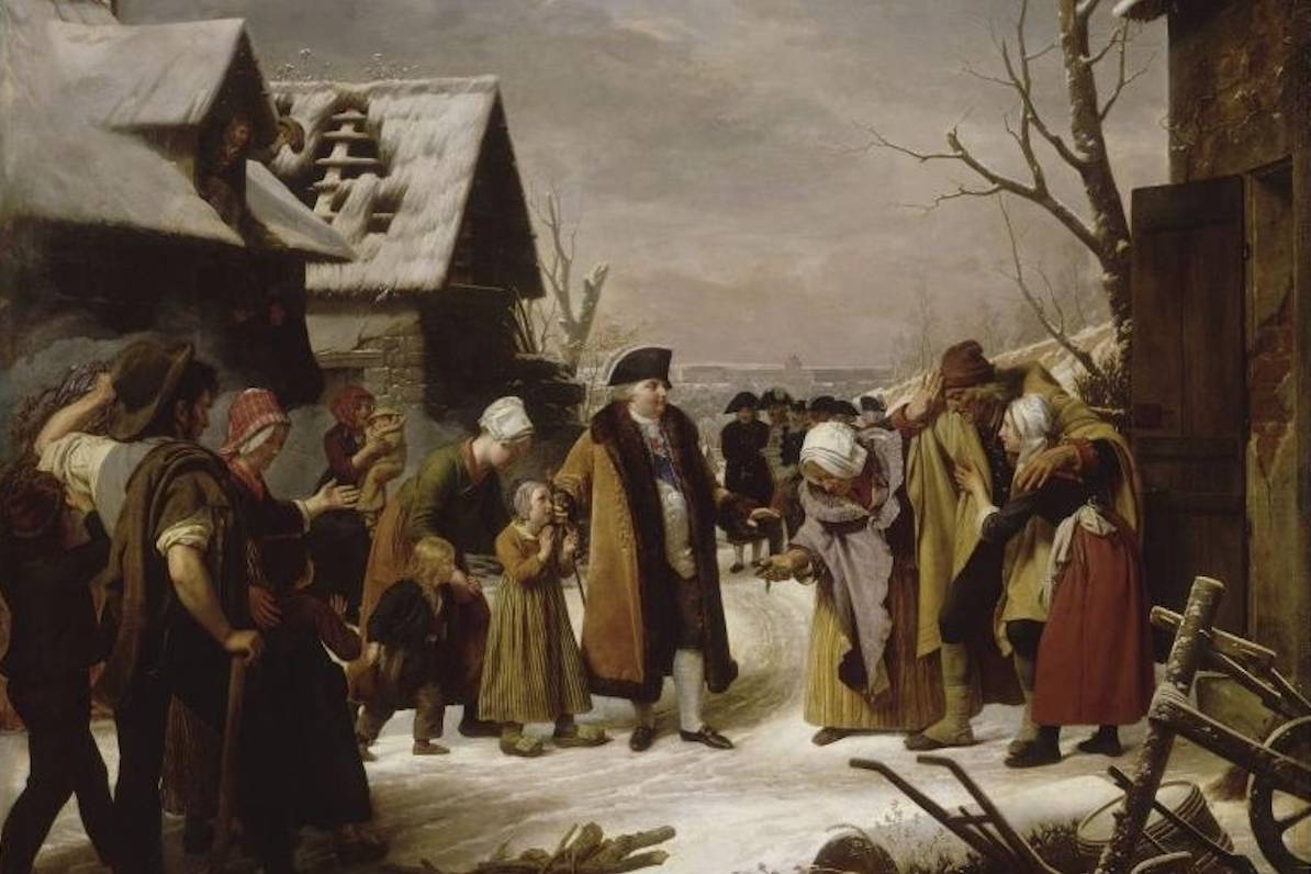 Louis Hersent, Louis XVI distribuant des aumônes aux pauvres de Versailles pendant l'hiver de 1788 – source : WikiCommons