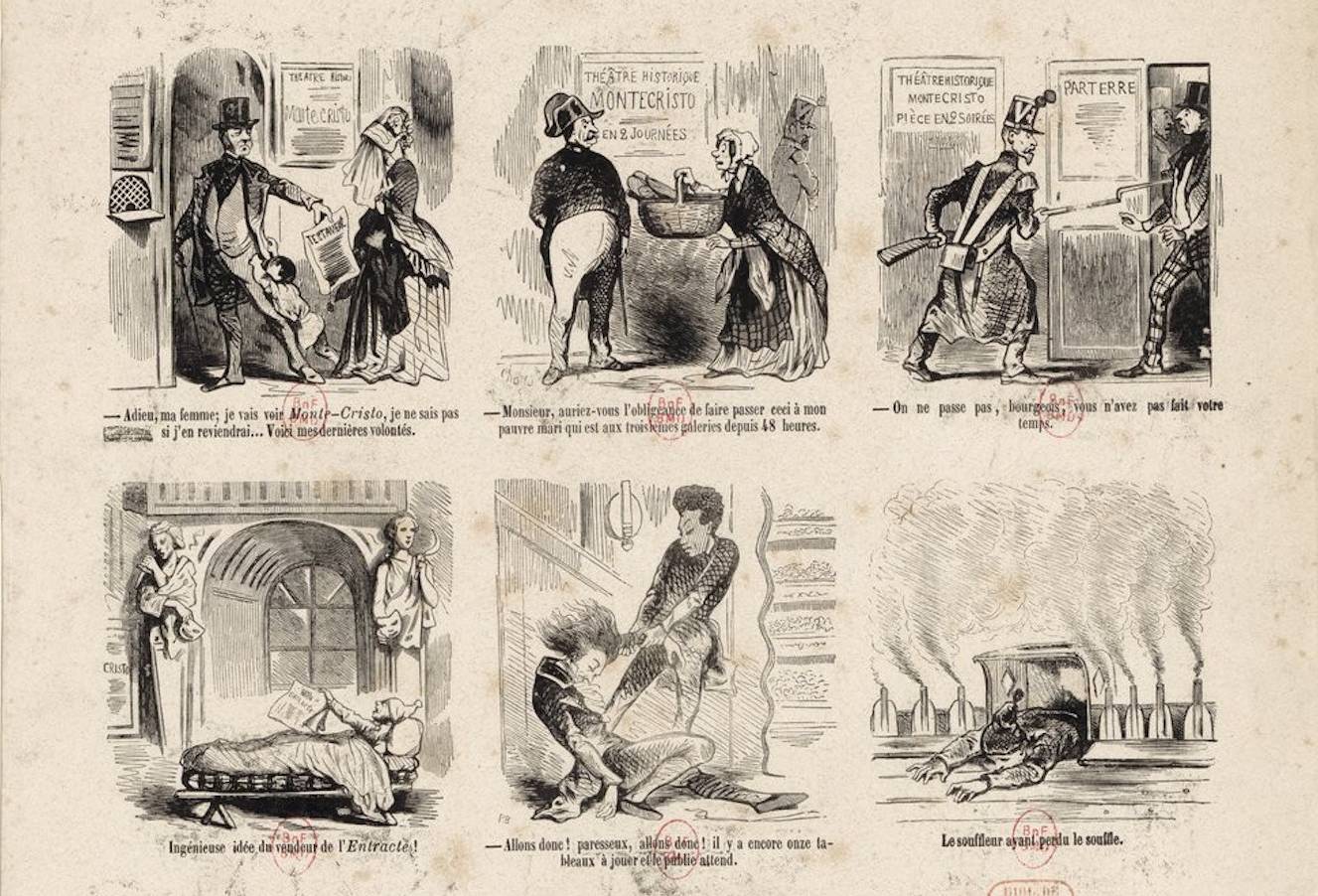 Revue comique de la semaine par Cham. « À propos de Monte-Cristo », pièce en onze actes, estampe, 1848 - source : Gallica-BnF