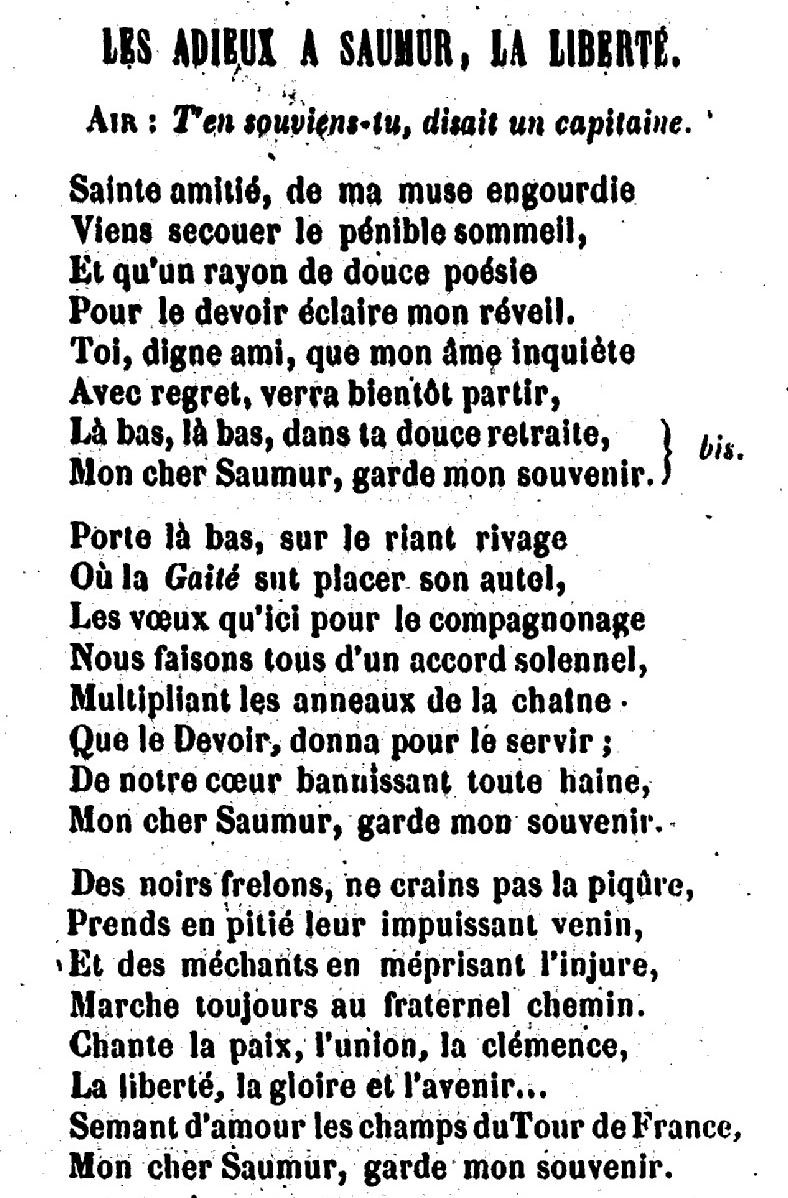 Chanson tirée du recueil « Écho du tour de France : chansons compagnoniques », 1848 - source : Gallica-BnF