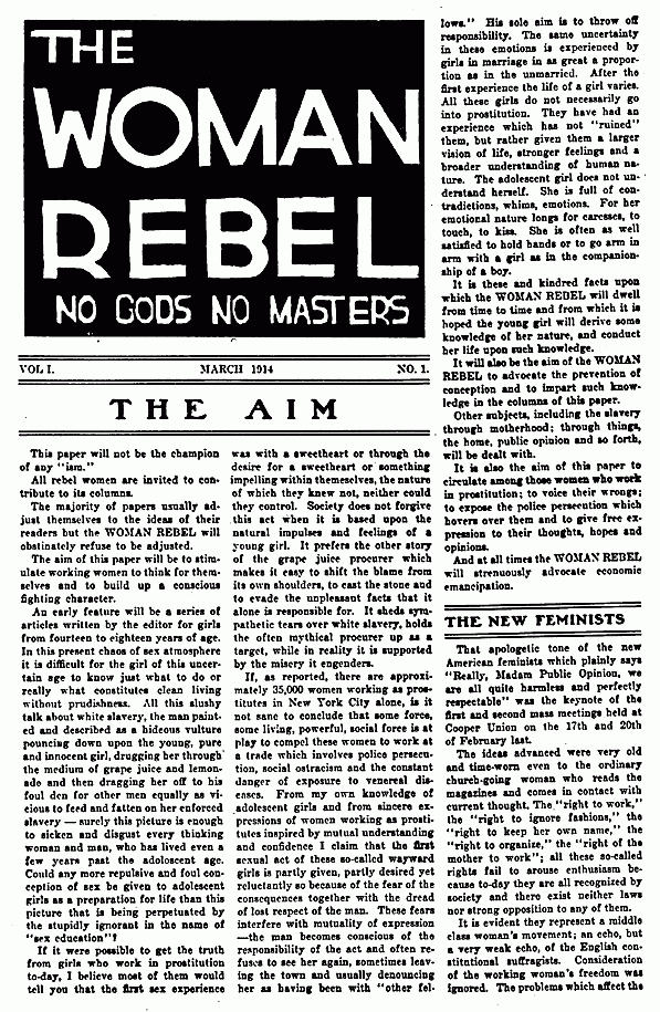 Premier numéro de The Woman Rebel, le magazine de Margaret Sanger, 1914 - source : New York University