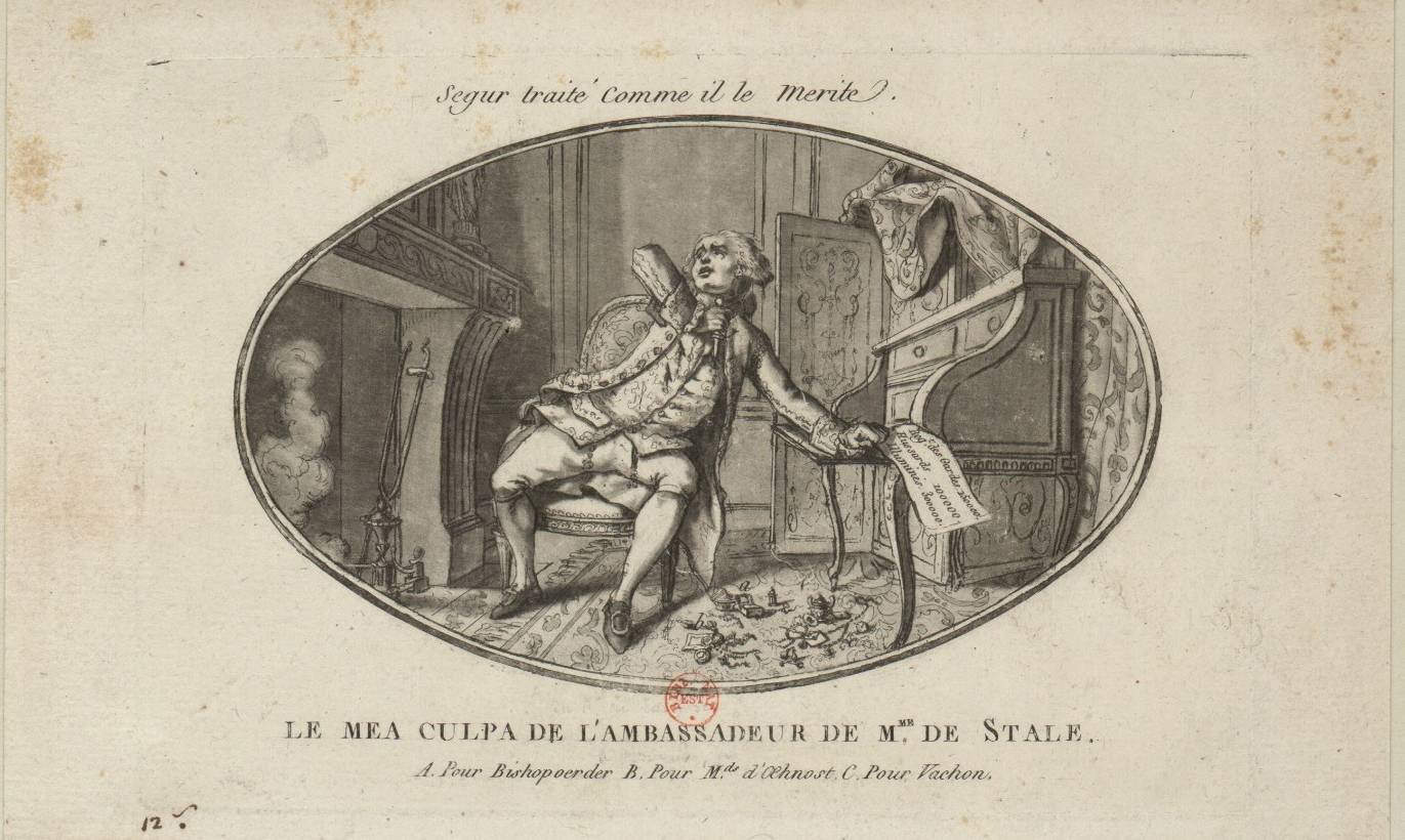 « Ségur traité comme il le mérite : le mea culpa de l'ambassadeur de Mme de Stale », estampe, 1792 - source : Gallica-BnF